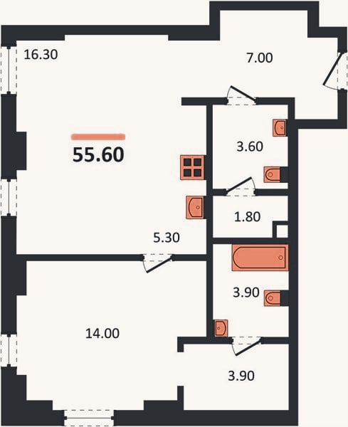 Планировка: 1-к, 55,6 м²
