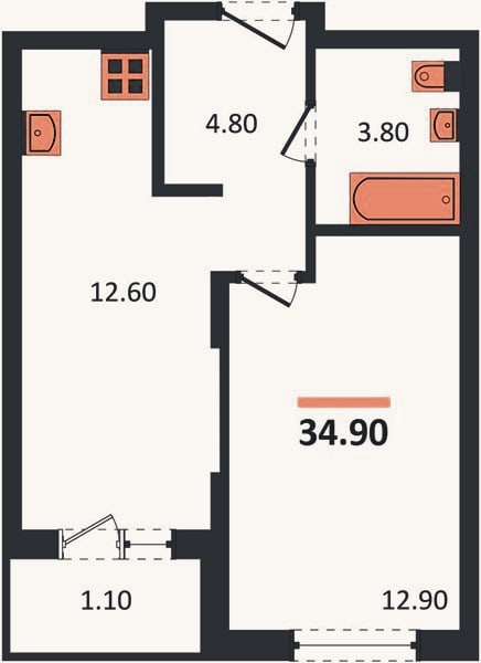 Планировка: 1-к, 34,9 м²