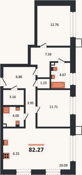 Планировка: 2-к, 82,3 м²