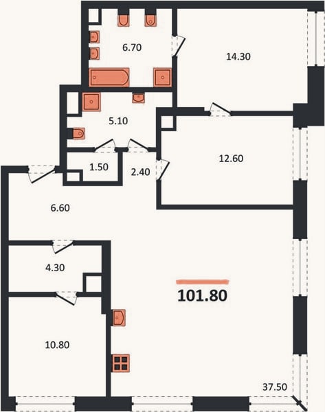 Планировка: 2-к, 101,8 м²