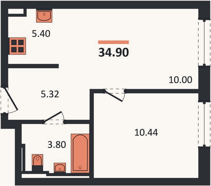 Планировка: 1-к, 34,9 м²