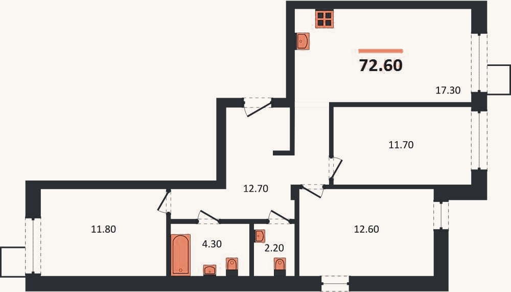 Планировка: 3-к, 72,6 м²