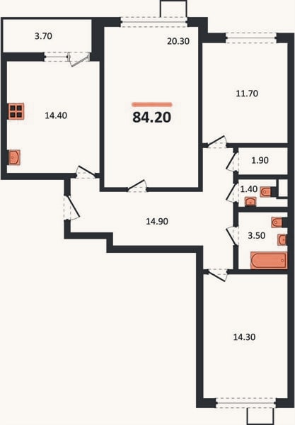 Планировка: 3-к, 84,2 м²