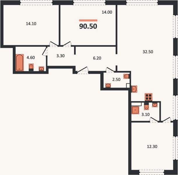 Планировка: 3-к, 90,5 м²