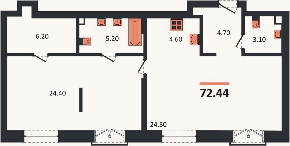 Планировка: 1-к, 72,4 м²
