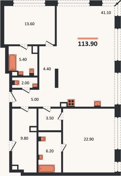 Планировка: 2-к, 113,9 м²
