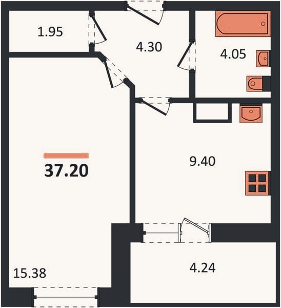 Планировка: 1-к, 37,2 м²