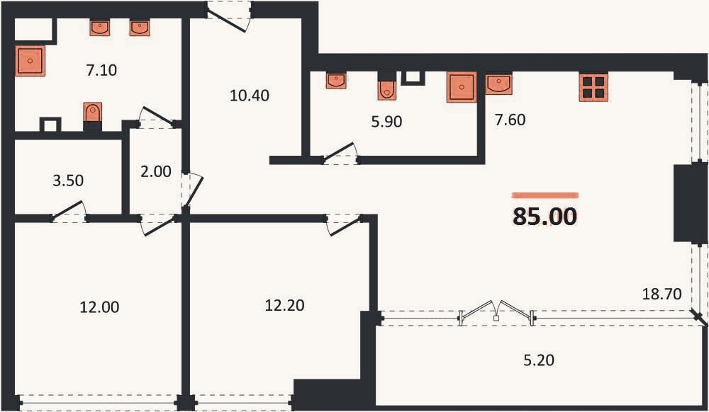 Планировка: 2-к, 85 м²