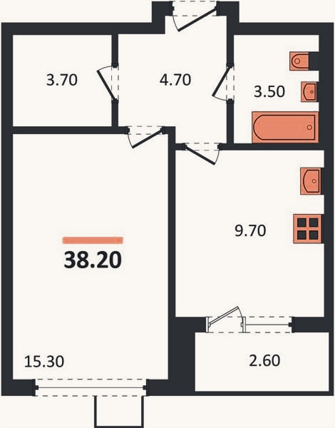 Планировка: 1-к, 38,2 м²