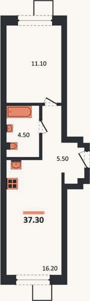 Планировка: 1-к, 37,3 м²