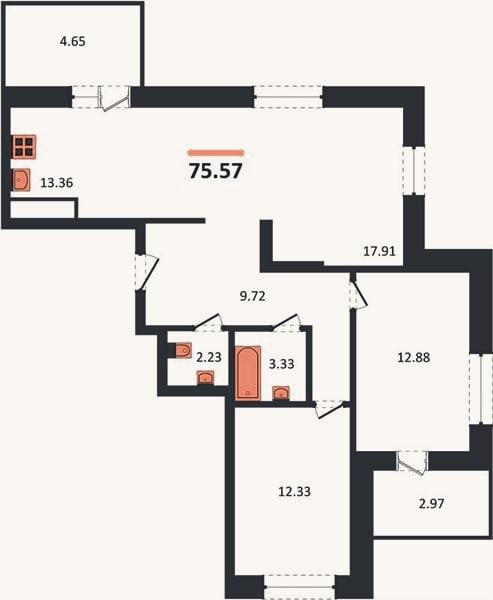 Планировка: 2-к, 75,6 м²