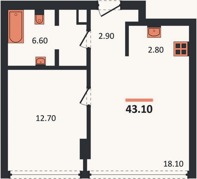 Планировка: 1-к, 43,1 м²