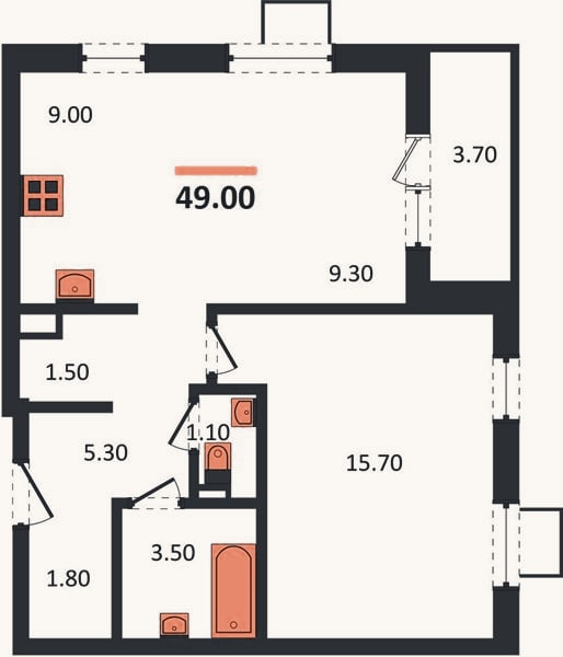 Планировка: 1-к, 49 м²