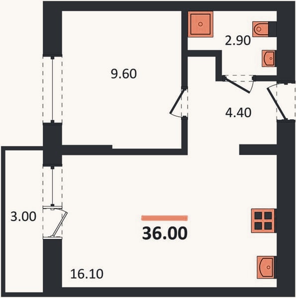 Планировка: 1-к, 36 м²
