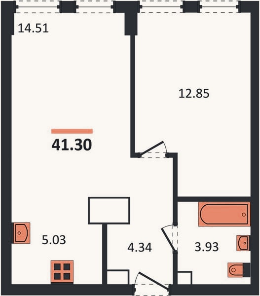 Планировка: 1-к, 41,3 м²