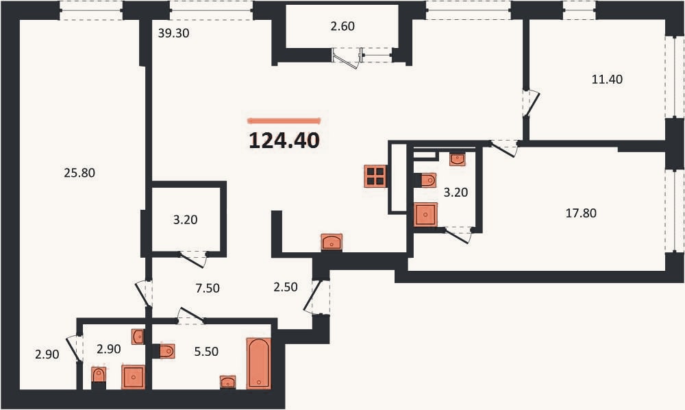 Планировка: 3-к, 124,4 м²