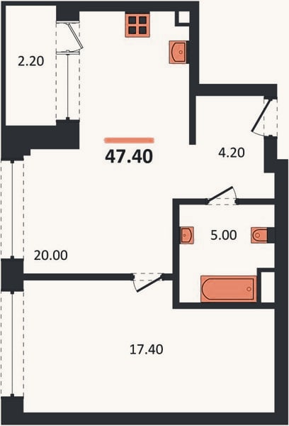 Планировка: 1-к, 47,4 м²