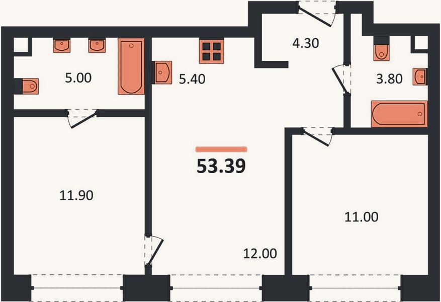 Планировка: 2-к, 53,4 м²