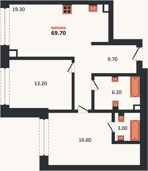 Планировка: 2-к, 69,7 м²