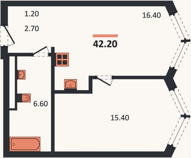 Планировка: 1-к, 42,2 м²