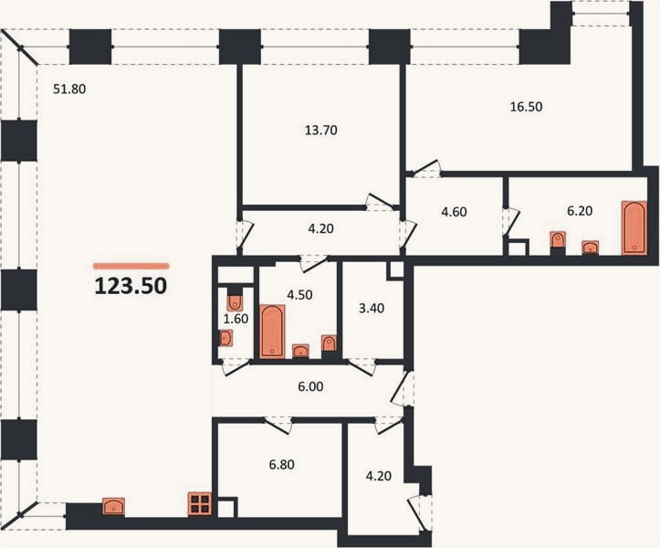 Планировка: 2-к, 123,5 м²