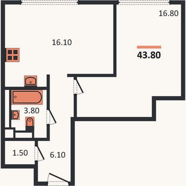 Планировка: 1-к, 43,8 м²