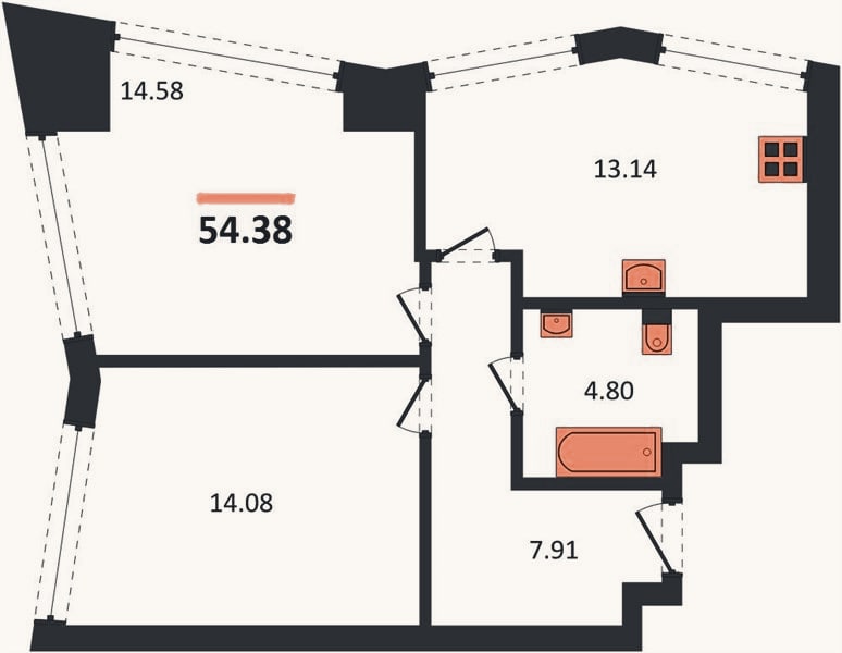 Планировка: 2-к, 54,4 м²