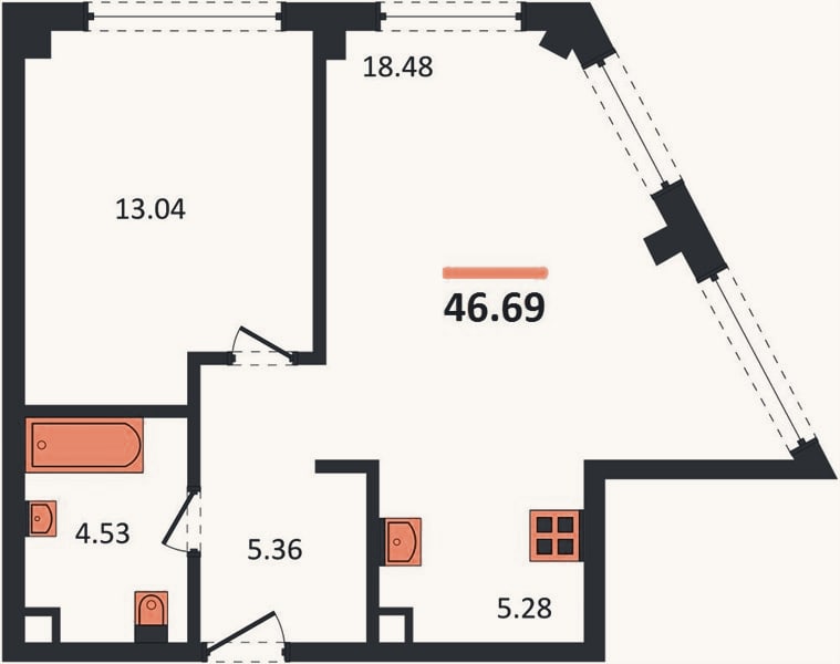 Планировка: 1-к, 46,7 м²