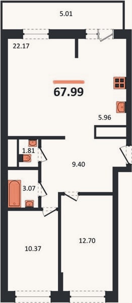 Планировка: 2-к, 68 м²