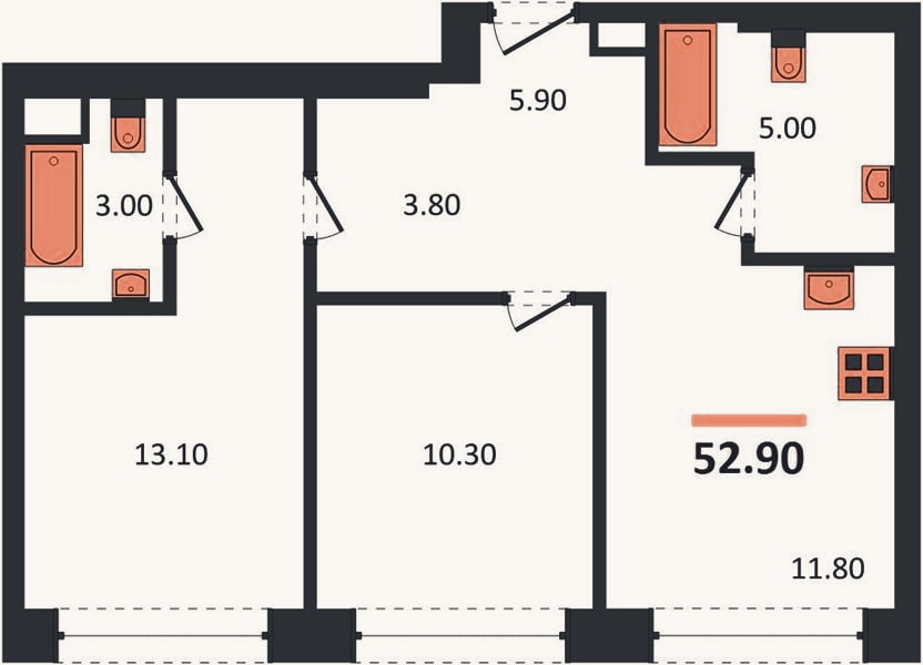 Планировка: 2-к, 53,9 м²