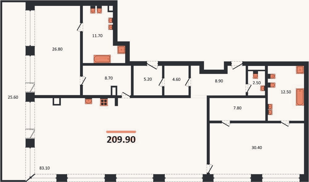 Планировка: 2-к, 209,9 м²