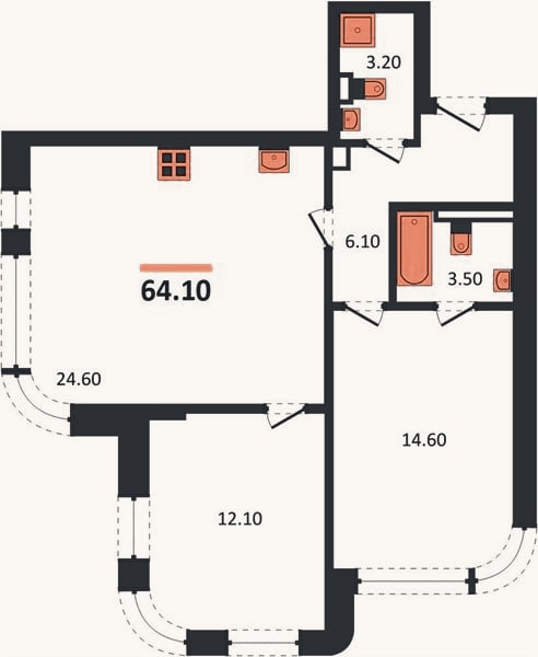 Планировка: 2-к, 64,1 м²