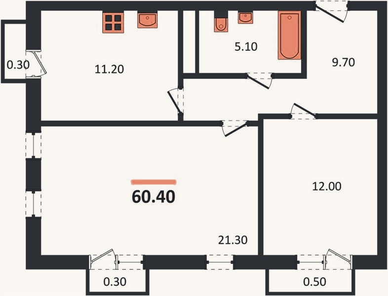 Планировка: 2-к, 60,4 м²
