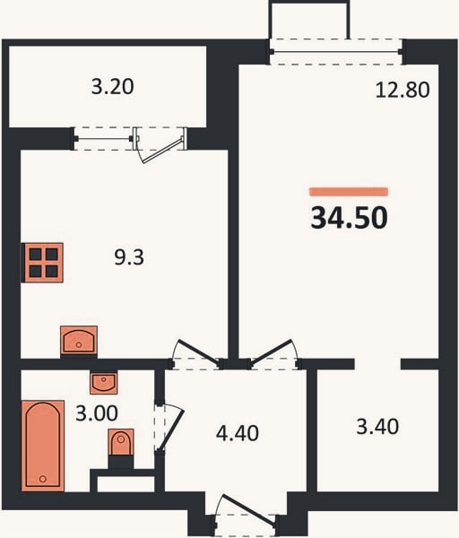 Планировка: 1-к, 34,5 м²
