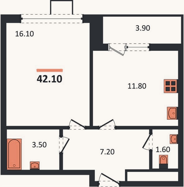 Планировка: 1-к, 42,1 м²