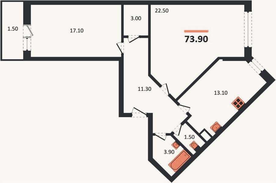 Планировка: 2-к, 73,9 м²
