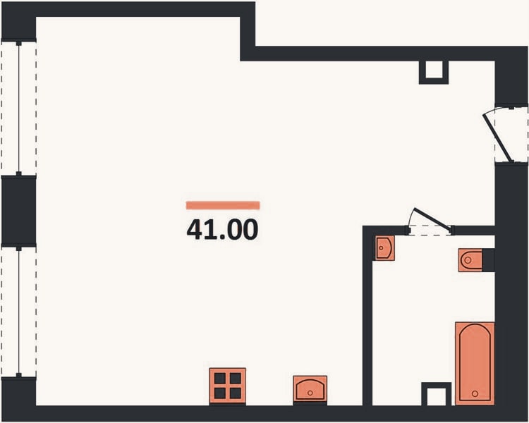 Планировка: 1-к, 41 м²