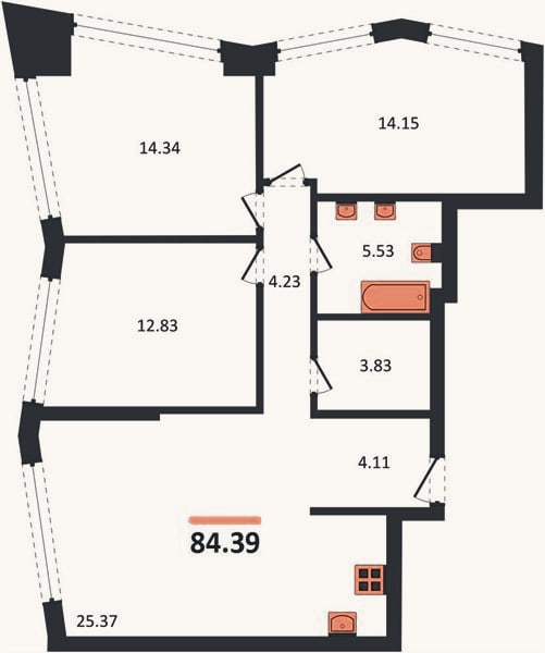 Планировка: 3-к, 84,4 м²