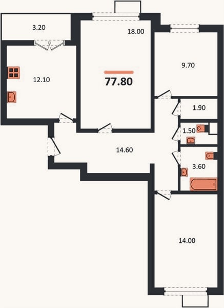 Планировка: 3-к, 77,8 м²