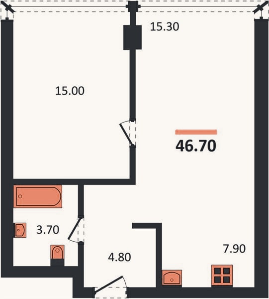 Планировка: 1-к, 46,7 м²