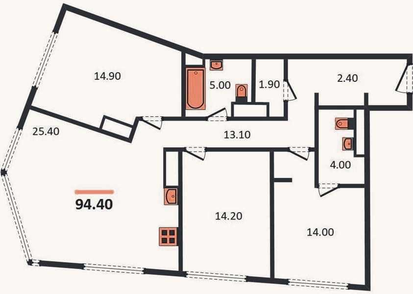 Планировка: 3-к, 94,4 м²
