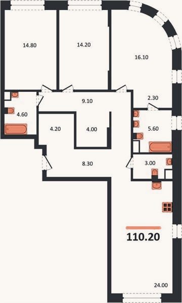Планировка: 3-к, 110,2 м²