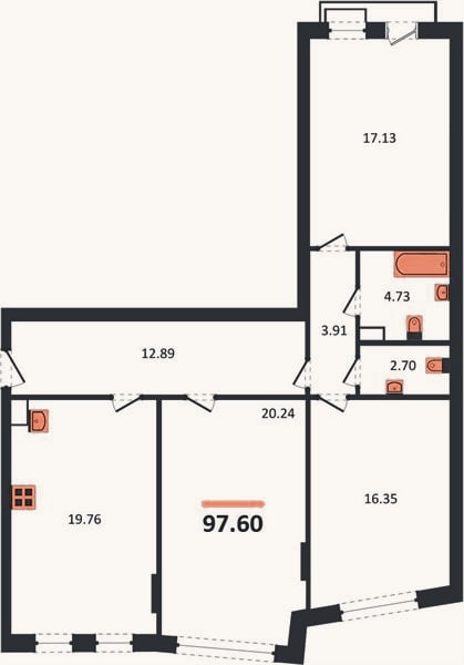 Планировка: 3-к, 97,6 м²