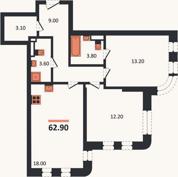 Планировка: 2-к, 62,9 м²