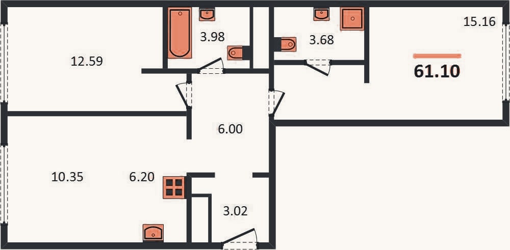 Планировка: 2-к, 61,1 м²