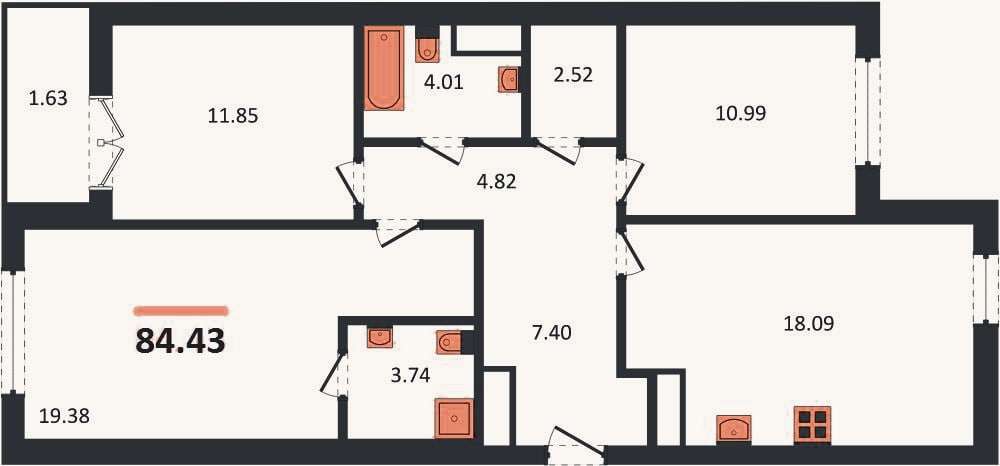 Планировка: 3-к, 84,4 м²