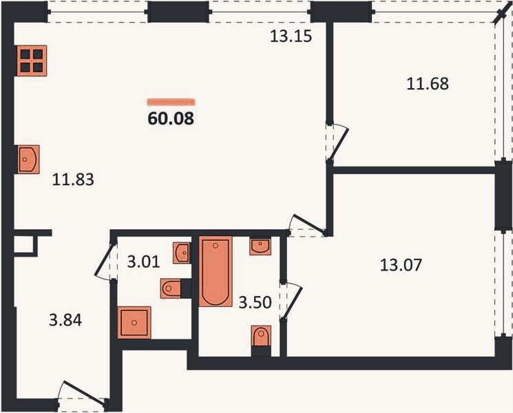 Планировка: 2-к, 60,1 м²