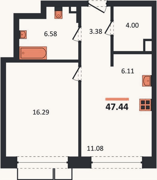 Планировка: 1-к, 47,4 м²