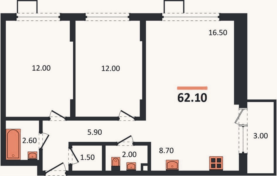 Планировка: 2-к, 62,1 м²