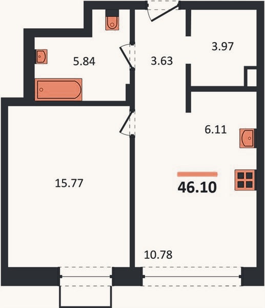 Планировка: 1-к, 46,1 м²